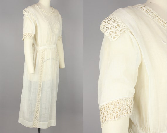 1910s Ivory Cotton Dress · Vintage 10s Lace & Voi… - image 2