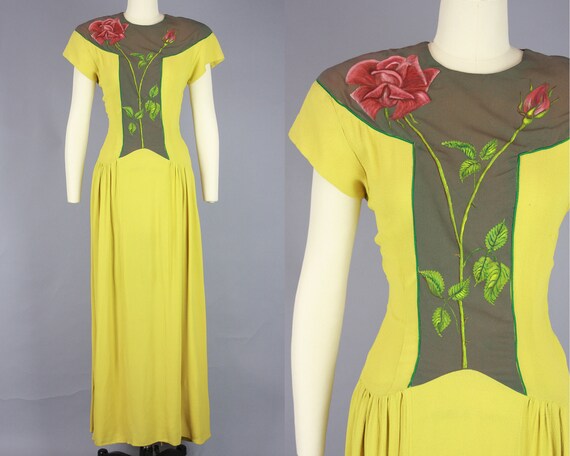 1940s HAND PAINTED Gown | Vintage 40s Chartreuse D