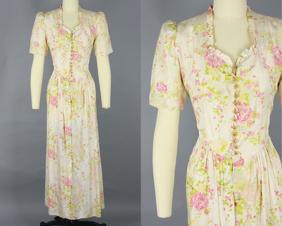 1930s Rose Print House Dress | Vintage 30s Puff Sh