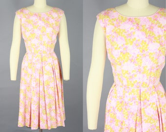 1950s Pink & Yellow FLOWER Dress | Vintage 50s 60s Sleeveless Cotton Day Dress | small