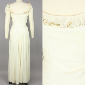 1940s Ivory & Gold Net Gown Vintage 40s Dress with Ruched Bodice Extra Small image 4