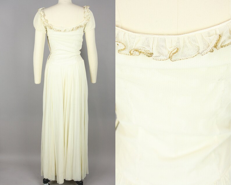 1940s Ivory & Gold Net Gown Vintage 40s Dress with Ruched Bodice Extra Small image 4