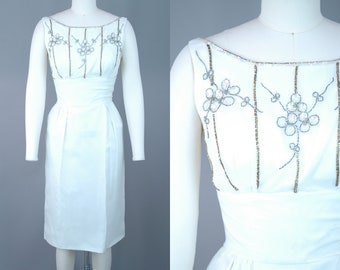 1960s Silk Beaded Cocktail Dress | Vintage 60s White & Gold Dress | xs petite