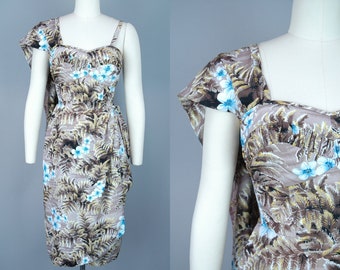 1950s Deadstock Hawaiian Sarong Dress with Shoulder Drape | Vintage 50s Brown & Blue Floral Foliage Print Dress | xs