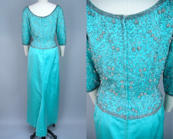 1960s Aqua Silk Beaded Gown | Vintage 60s Bright … - image 4