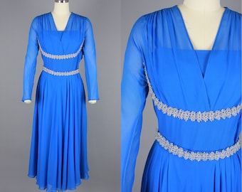 1950s Electric Blue Silk Chiffon Dress | Vintage 50s 60s Cocktail Dress with Iridescent Silver Trim | medium