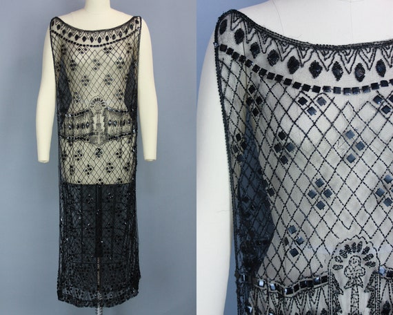 1920s BEADED TABARD | Vintage 20s Black Net Dress