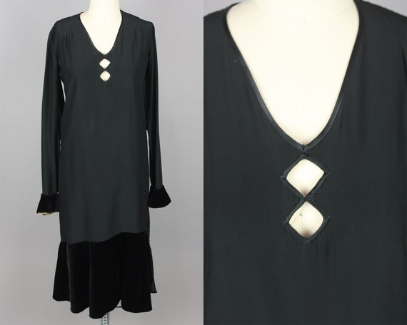 1920s Black Matte Silk & Silk Velvet Dress · Vint… - image 1