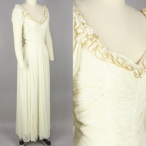 1940s Ivory & Gold Net Gown Vintage 40s Dress with Ruched Bodice Extra Small image 2