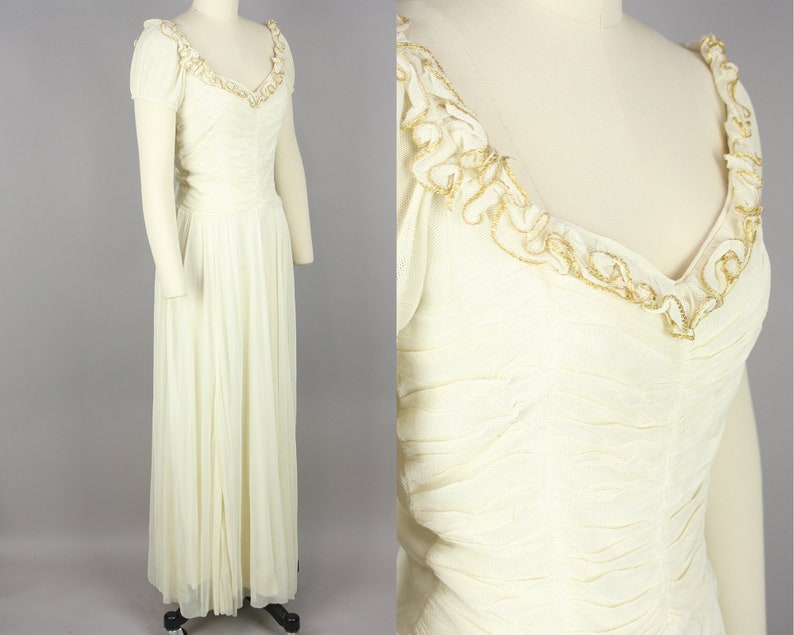 1940s Ivory & Gold Net Gown Vintage 40s Dress with Ruched Bodice Extra Small image 2