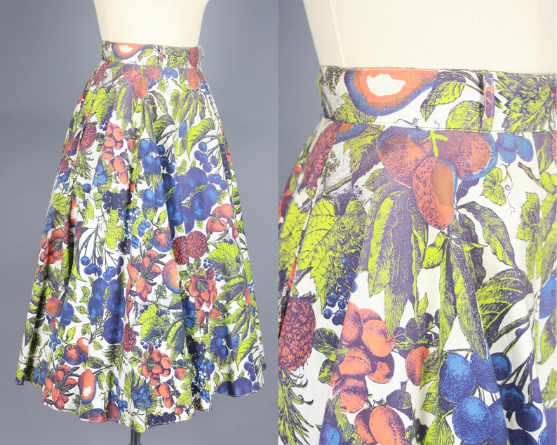 small 1950s FRUIT PRINT Skirt Vintage 50s Full High Waisted Cotton Skirt with Pockets