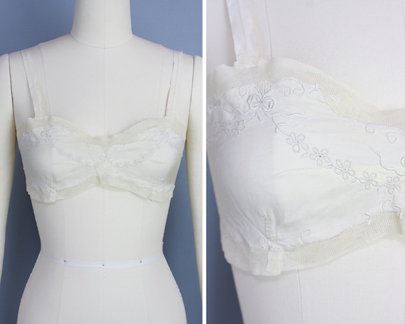 1920s SILK BRA | Vintage 20s Ivory Embroidered Lin
