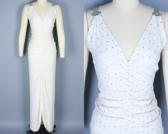 1930s RHINESTONE Gown | Vintage 30s White Rayon Cr