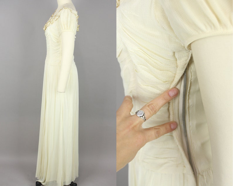 1940s Ivory & Gold Net Gown Vintage 40s Dress with Ruched Bodice Extra Small image 3