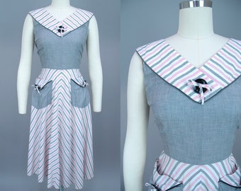 1950s Chambray Stripe Dress | Vintage 40s 50s Day Dress in Pink, Grey, & White Chevron Stripe with Big Buttons and Pockets | medium