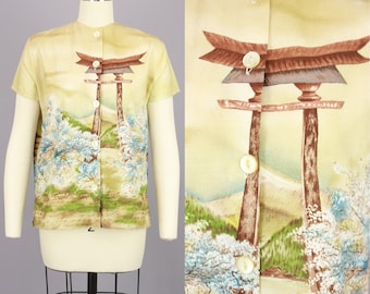 1950s John Wolf SCENIC PRINT Top | Vintage 50s Tree Blossoms & Gate Cotton Top | medium