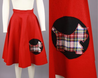 1950s SCOTTY DOG Skirt | Vintage 50s Red Felt Circle Skirt with Dog Applique | small