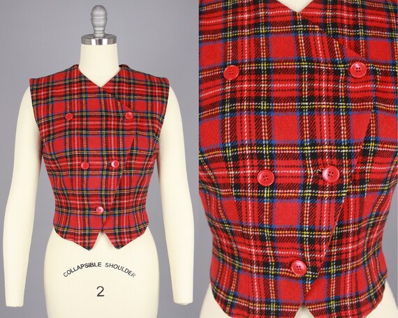 1950s Fitted Vest | Vintage 50s PLAID V-Button Dou