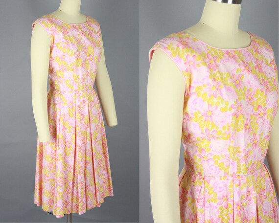 1950s Pink & Yellow FLOWER Dress | Vintage 50s 60… - image 2