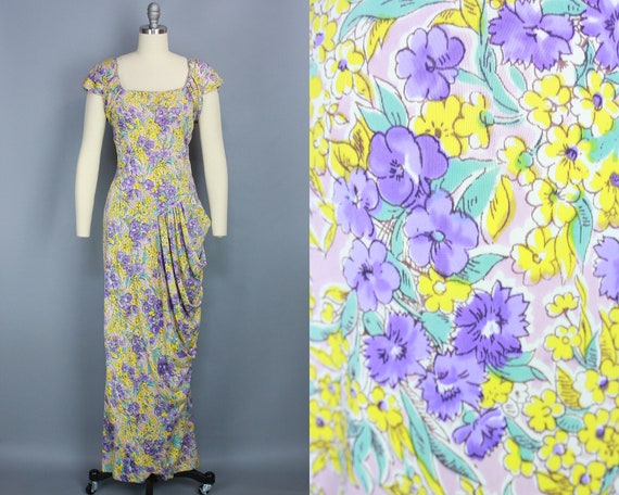 1940s RAYON JERSEY Gown | Vintage 40s Long Floral
