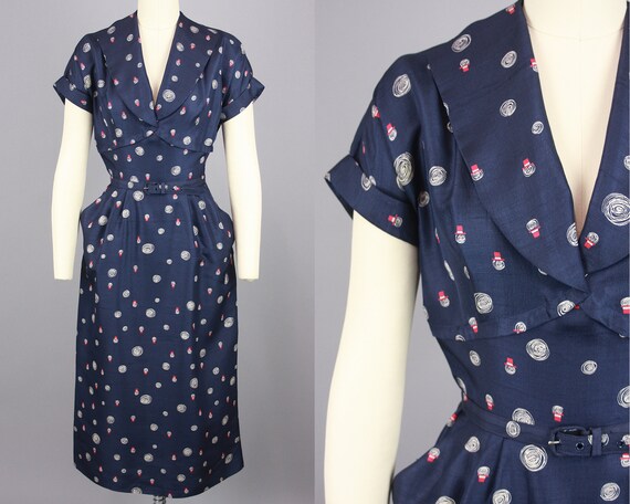 1950s Printed Day Dress | Vintage 50s Navy Blue Si