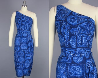 1950s One Shoulder HAWAIIAN Dress | Vintage 50s 'Nani of Hawaii' Blue Cotton Dress | small