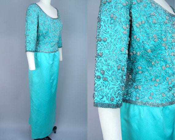 1960s Aqua Silk Beaded Gown | Vintage 60s Bright … - image 2