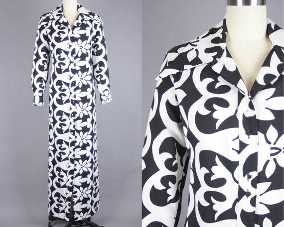 1970s LANVIN Maxi Dress Vintage 70s Black /& White Floral Print Dress medium