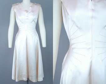 1950s Ballet Slipper Satin Cocktail Dress | Vintage 40s 50s Pale Peach Dress | extra small