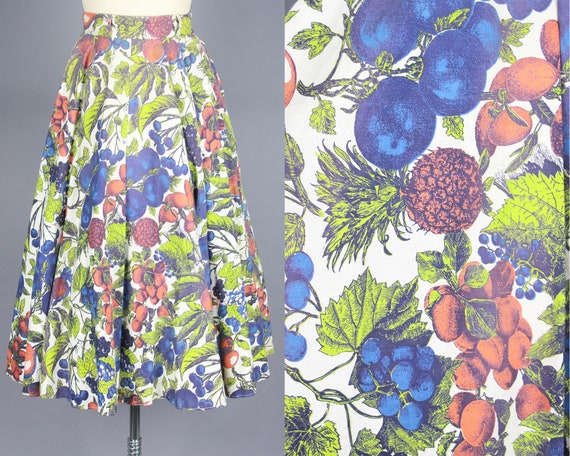 1950s FRUIT PRINT Skirt | Vintage 50s Full High Wa