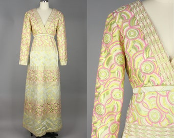 1960s Quilted Abstract Gown | Vintage 60s Malcolm Starr Bright Metallic Maxi Dress | small / medium