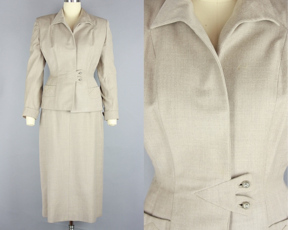 1940s V for Victory Suit | Vintage 40s Taupe Wool