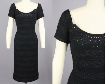 1960s Fitted Ribbon & Wool Dress with Rhinestone Neckline | Vintage 60s Black Cocktail Dress | small
