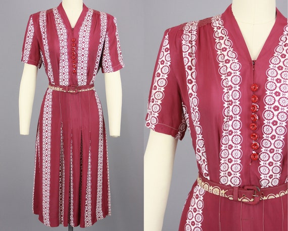 1940s Printed Rayon Dress with Belt | Vintage 30s