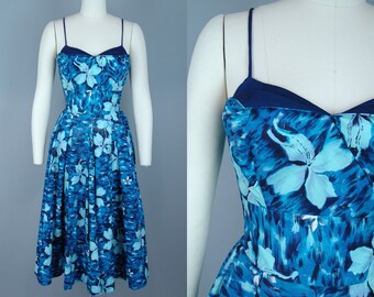 1950s Deadstock Hawaiian Dress with Bolero | Vintage 50s Blue Floral Watercolor Print Full Skirt Dress | small
