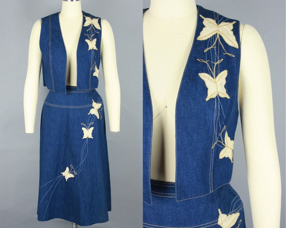 1970s Embroidered DENIM SET | Vintage 70s Vest & S