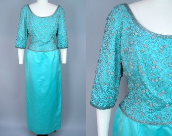 1960s Aqua Silk Beaded Gown | Vintage 60s Bright Blue & Silver Dress with Beaded Bodice | medium