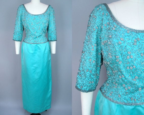 1960s Aqua Silk Beaded Gown | Vintage 60s Bright … - image 1