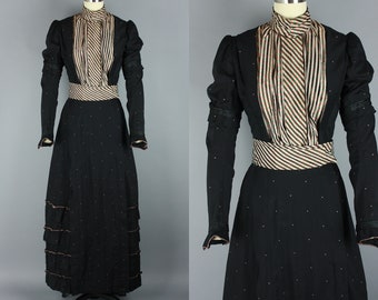 1900s Black TWO PIECE Set | Antique Victorian Walking Suit with Black Dotted Fabric & Striped Accents | small