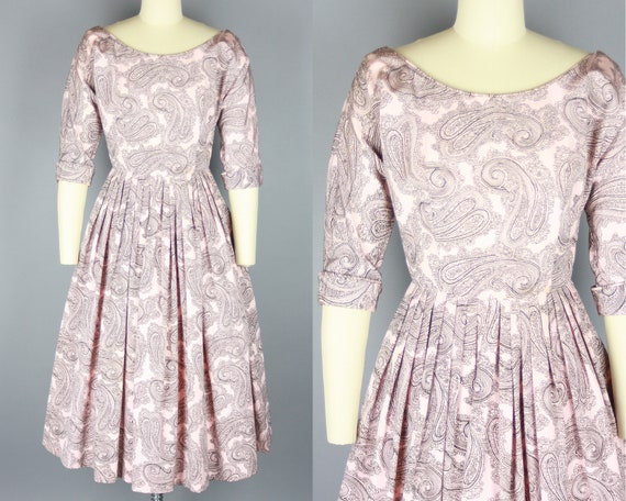 Vintage 50s-60s Handmade Pink Paisley Knee Length Dress Pleated Skirt Women/'s Size Medium Free US Shipping