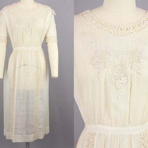 1910s Sheer Cotton Lawn Dress | Antique Edwardian Lace & Voile Dress | medium