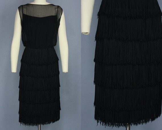 1960s FRINGE Dress | Vintage 60s Black Cocktail Dr