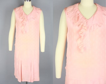 1920s Silk Drop Waist Dress | Vintage 20s Peach Silk Summer Casual Dress with Ruffle Collar | small