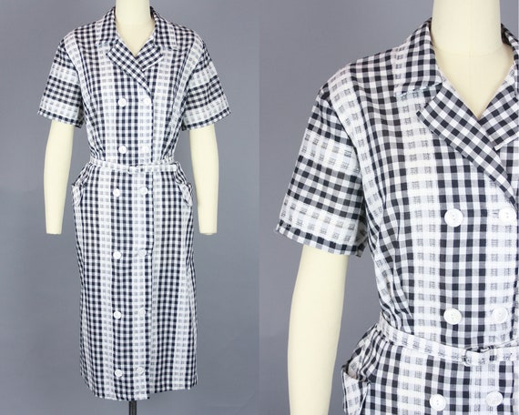 1960s GINGHAM Day Dress | Vintage 50s 60s Black &