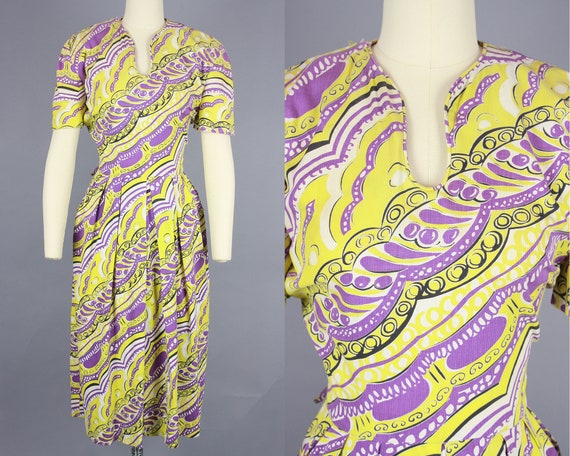1940s Yellow & Purple PRINT Dress | Vintage 40s Whims… - Gem