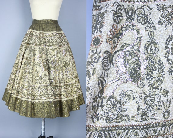 1950s MEXICAN CIRCLE SKIRT | Vintage 50s Gold Pain