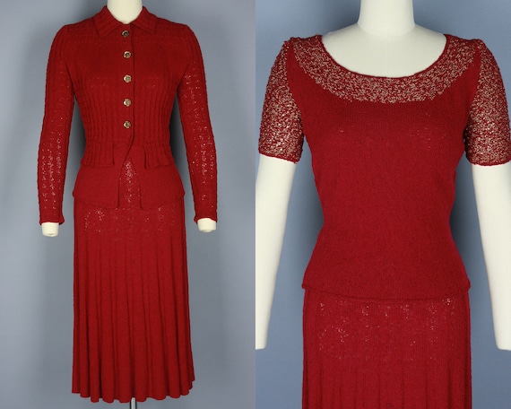 1940s 3 PIECE KNIT SET | Vintage 40s Red & Gold Sw