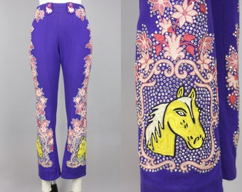 1940s Rhinestone & Chain Stitch Embroidered Pants · Vintage 40s Purple Wool Western Pants with Horse + Flower Embroidery · Extra Small