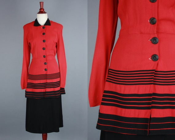 1940s Two Tone Dress | Vintage 40s Red & Black Col
