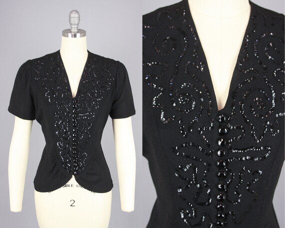 1940s SEQUIN Blouse | Vintage 40s Black Rayon Crep